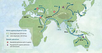 Known H. sapiens migration routes in the Pleistocene Homo sapiens dispersal routes.jpg