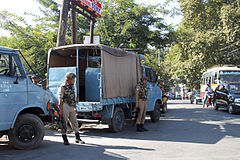 Indian soldiers on the streets of Kashmir during the 2016 unrests Indian soldiers, Kashmir (8138898130).jpg
