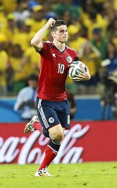 Colombian winger James Rodriguez, celebrating a goal for his national team.