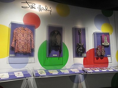 Jimi Hendrix exhibit - Acoustic Black Widow, and stage clothings - Rock and Roll Hall of Fame, Cleveland (2013-10-06 by swimfinfan).jpg
