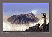 „Die Nordseite des Merapi, aus einer Höhe von 7500 Fuß vom südlichen Abhange des Merbabu gesehen. … Nov. 1836.“ (Hier hat Junghuhn sich selbst mit einem Fernglas dargestellt).