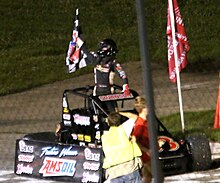 Swanson after winning his record-tying 23rd USAC Silver Crown race in 2018 at Madison. KodySwansonCelebrates2018Madison23rdWin.jpg