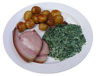 A traditional New Years Danish dish: boiled ham, glazed potatoes and stewed kale