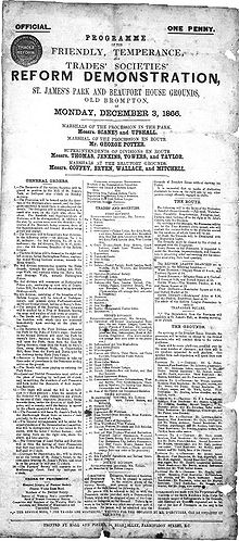 Programme issued by the London Working Men's Association for a Reform Demonstration in 1866. LWMA Reform Demonstration.jpg