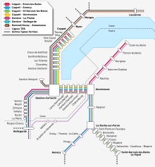 The Leman Express rail network, showing Satigny connected by the L5 and the L6 Leman Express map avec frontiere.svg