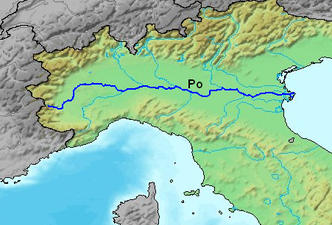 Mapa com o traçado do rio Pó