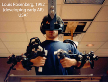 Early system for immersive telepresence (USAF, 1992 - Virtual Fixtures) Louis Rosenberg Augmented Reality Rig.png