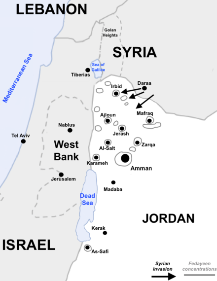Map showing fedayeen concentrations in Jordan prior to September 1970, and the Syrian invasion