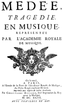 Description de l'image Marc-Antoine Charpentier - Médée - title page of the libretto - Paris 1693.png.