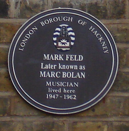 Plaque marking Bolan's childhood home, 25 Stoke Newington Common, Hackney, east London