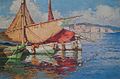 Pintura de barcas martegalas realizada per Émile Beaussier (sègle XX).