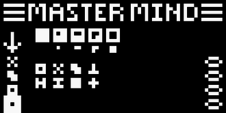 Mastermind game start screen Pixie graphics example snapshot, via Octo Chip-8 emulator in 64x32 resolution. Mastermind game start screen snapshot.png