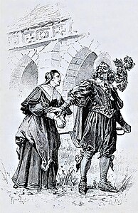 Porthos marivaude avec madame Coquenard, épouse (et future héritière) d'un riche procureur. Gravure de Huyot d'après un dessin de Leloir, 1894.
