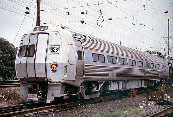 Metroliner in Pennsylvania Railroad livery before acceptance, circa 1968. All Metroliners, including this car, began revenue service with Penn Central