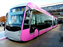 The pink bus rapid transit of Metz uses a diesel-electric hybrid driving system, developed by Belgian Van Hool manufacturer. Mettis BRT Metz.jpg