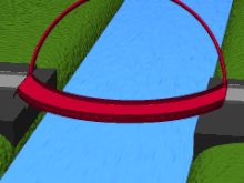 Animation demonstrating how a tilt bridge operates to let both pedestrians cross and allow river traffic to pass underneath. The bridge consists of two arcs. One arc is horizontal to the river, on which a pedestrian can cross. The other arc is raised above the water. To allow a boat to pass underneath, both arcs pivot and tilt together so the horizontal arc rises above the river.