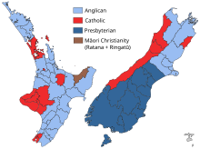 The largest religious denomination in each territorial authority at the 2013 census. The Anglican Church is represented by light blue shading. NZ Religious denominations by TA 2013.svg