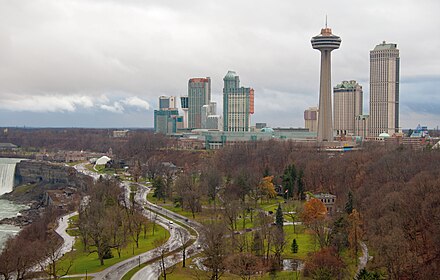 Downtown Niagara Falls with tourist attractions such as the Skylon Tower and Fallsview Casino in the background