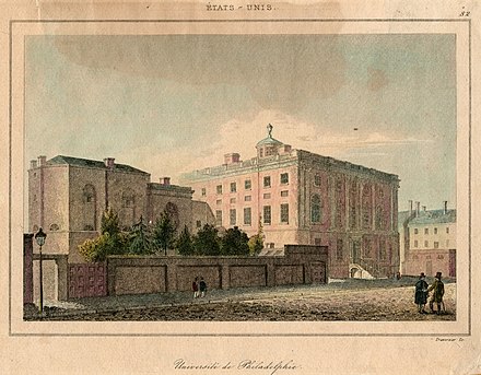 A circa 1815 illustration of the Ninth Street campus of the University of Pennsylvania, including the medical department on the left and the medical school building on the right, which was originally intended to serve as the residence for the President of the United States