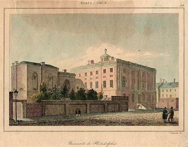 A c. 1815 illustration of the Ninth Street campus of the University of Pennsylvania, including the medical department (on left) and the college buildi