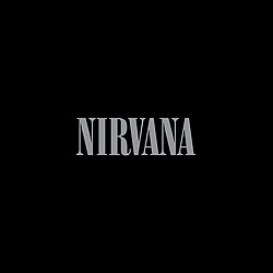 White text on a black blackground reading "Nirvana". Pretend that it's a black-and-white photo of five men standing in front of a brick wall.