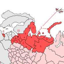 Северо-Западный федеральный округ Российской Федерации (Архангельская область и Ненецкий автономный округ — территории под номером 1 и 8)