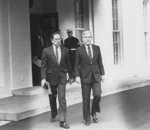 Senators Nunn and Lugar leave the White House in 1991 after briefing President George H. W. Bush on the Nunn–Lugar legislation