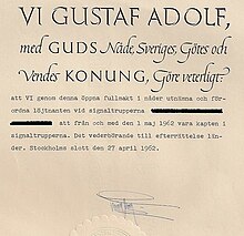 An example of a Swedish commission from 1962, signed by King Gustav VI Adolf Officersfullmakt.jpg