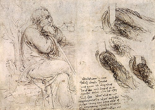 Leonardo da Vinci c. 1513 Old Man with water studies. In the Royal Library, Windsor. Thought to be a self-portrait, showing Leonardo's writing and drawing.
