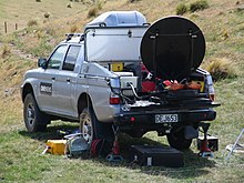 Mobile equipment to send news over a satellite link used by TVNZ news reporters. One News satellite ute, Mt Allan fire, NZ 2010.jpg