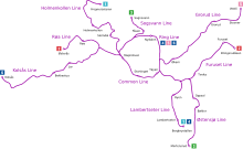 In the middle is a purple circle, with several branches sticking out. One line runs north, one line runs to the north-east and one line runs to the north-west. One line runs to the east that branches into three, two heading south and one east, and the final line runs west, with a short stretch branching off running above a short while.