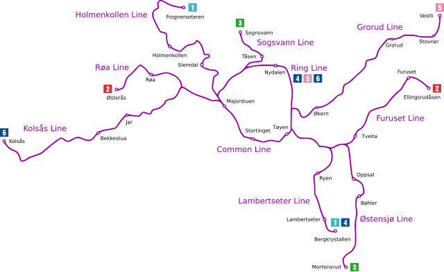 In the middle is a purple circle, with several branches sticking out. One line runs north, one line runs to the north-east and one line runs to the north-west. One line runs to the east that branches into three, two heading south and one east, and the final line runs west, with a short stretch branching off running above a short while.