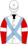 White, light blue cross-belts, red sleeves, white armlets and cap