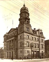 The first United States courthouse in Erie, completed in 1887, as it appeared in 1901. The building was demolished to make way for the current courthouse. PA-Erie 1887 1 Ref.jpg