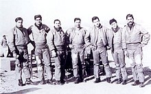 Fighter pilots of the No. 26 Squadron during the 1971 war. From left-to-right, Pervez Mirza, Flt Lt Salim Baig Mirza, unknown, Flt Lt Amjad Enderabi, Flt Lt Rahim Yousufzai, Shafqat and Flt Lt H K Dotani. Pakistani Fighter Pilots 1971 war.jpg