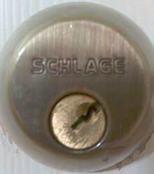 A deadbolt lock that has been picked, showing that the plug has been turned without the key Picked lock.jpg