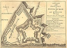 "A Plan of the New Fort at Pitts-Burgh", drawn by cartographer John Rocque and published in 1765. Plan of Fort Pitt, 1759.jpg