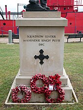 Plinth of Mahinder Singh Pujji Statue. Indian RAF pilot statue at Gravesend