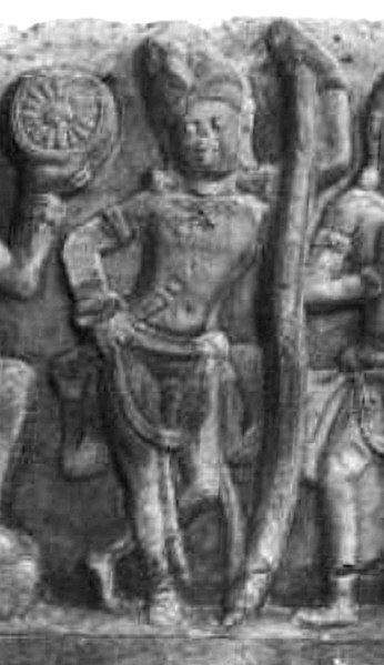 Pradyumna, holding a bow and an arrow, in the Kondamotu Vrishni heroes relief, 4th century CE