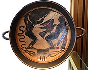 Prométhée et Atlas. Kylix laconien à figures noires, par le Peintre d'Arcesilas, 560-550. Musée grégorien étrusque - Musées du Vatican