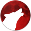 Red Moon бағдарламалық жасақтамасының логотипі. Оның ішінде уланып жатқан қасқырдың ақ силуэті бар қызыл ай бар.