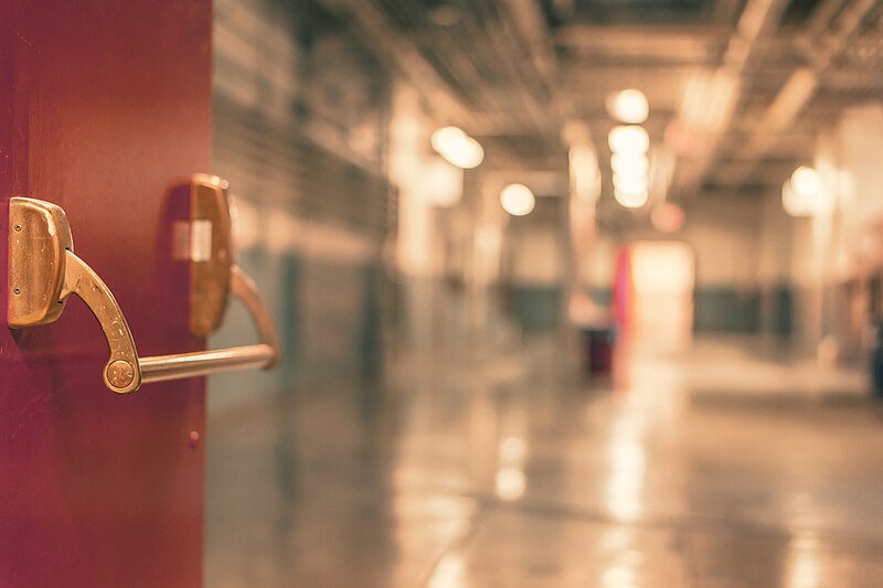 File:Red door with brass crash handle opening into blurred room.jpg