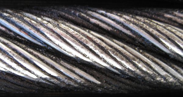 Right-hand lang lay (RHLL) wire rope (close-up). Right-hand lay strands are laid into a right-hand lay rope.