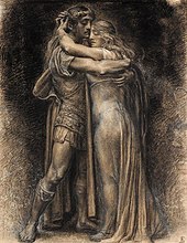 Red chalk drawing of a man and woman embracing against a dark background