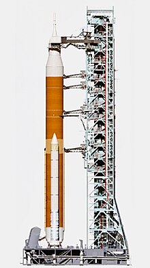 Rendering of the Space Launch System Block 1B, on Mobile Launcher-2 with tower SLS Block 1B with launch tower.jpg