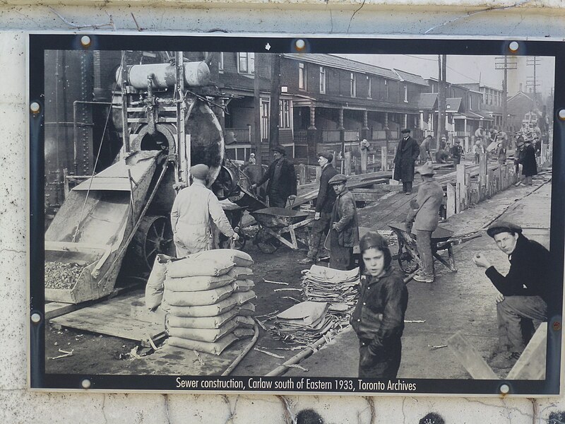 File:Sewer construction, Carlaw south of Eastern 1933, Toronto Archives -- an illustration on a support of a former section of the Gardiner, 2013 04 27 -b.jpg