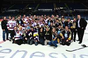 The Sheffield Bears, divided into University (Dark Jerseys) and Hallam (white Jerseys) after the 2010 Varsity game, still very much one club Sheffield Ice Varsity.jpg