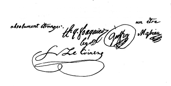 Signatures des membres du tribunal révolutionnaire apposés à la fin du Testament de Marie-Antoinette