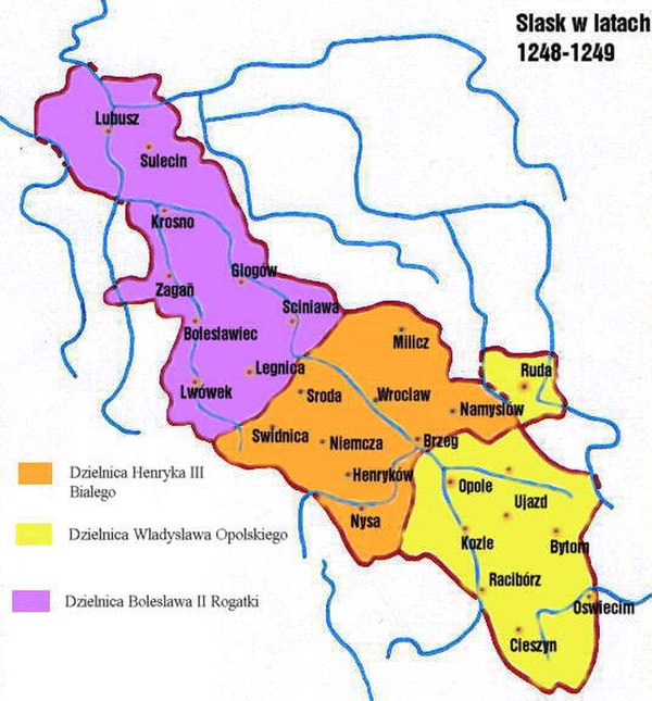 Silesia in 1248/49: Duchy of Legnica under Bolesław II Duchy of Wrocław under Henry III Duchy of Opole under Władysław