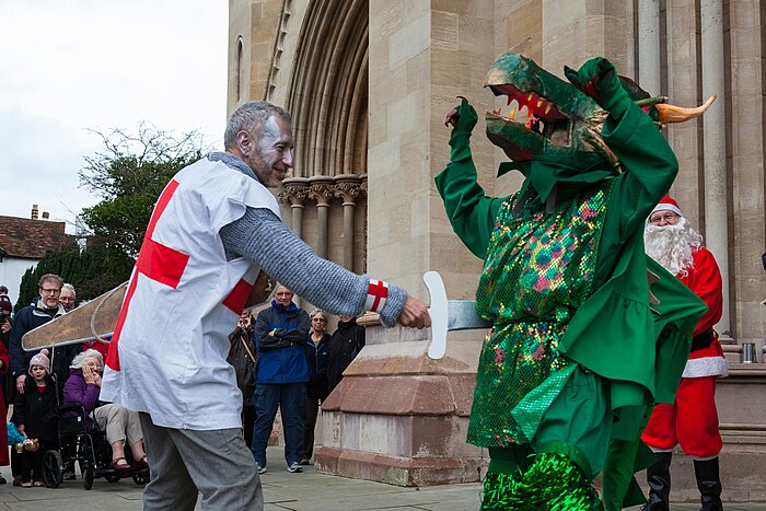 St. George slays the dragon, in a 2015 Boxing Day production, by the St Albans Mummers. St Albans Mummers production of St George and the Dragon, Boxing Day 2015-7.jpg